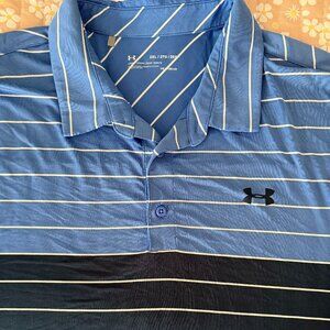 Under Armour Polo Shirt Loose Fit Heatgear Blue Stripe Short Sleeve 2XL